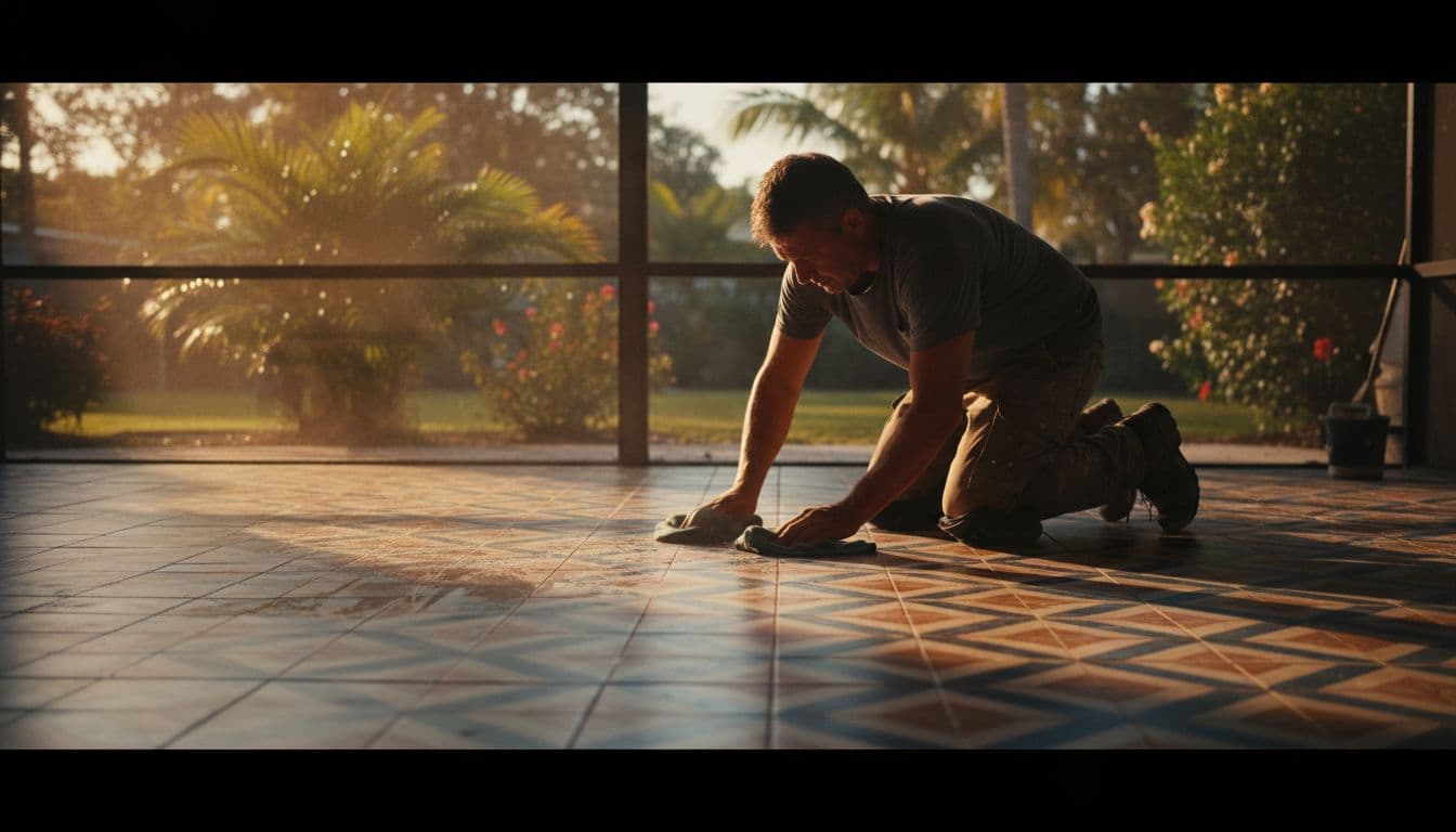 A contractor wearing work clothes kneels on a polished tile floor inside a screened lanai. They use a soft cloth to polish the grout lines under warm, glowing sunset lighting.