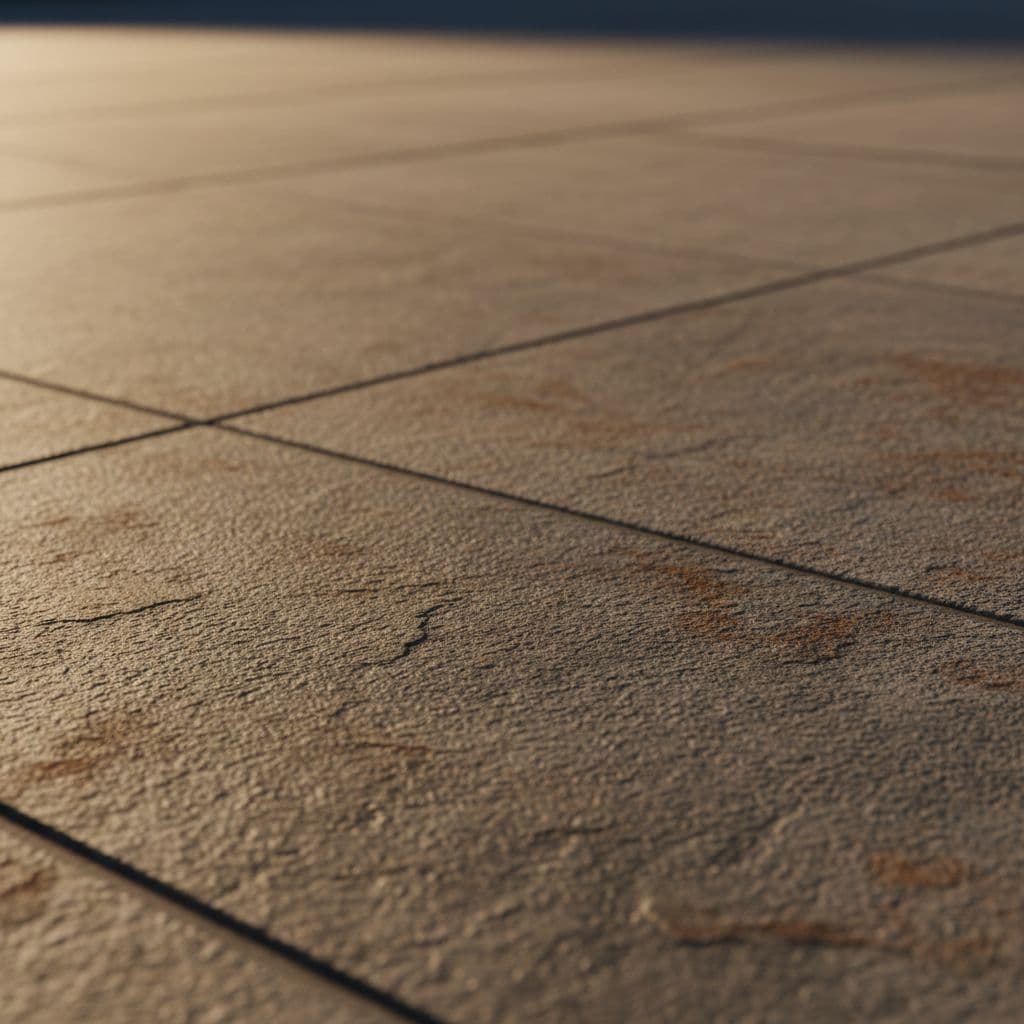 Close-up view of weather-resistant porcelain tiles featuring a rugged, stone-like texture. Warm golden light accentuates the deep ridges and uneven surfaces, highlighting the material's durability and premium aesthetic for exterior spaces.