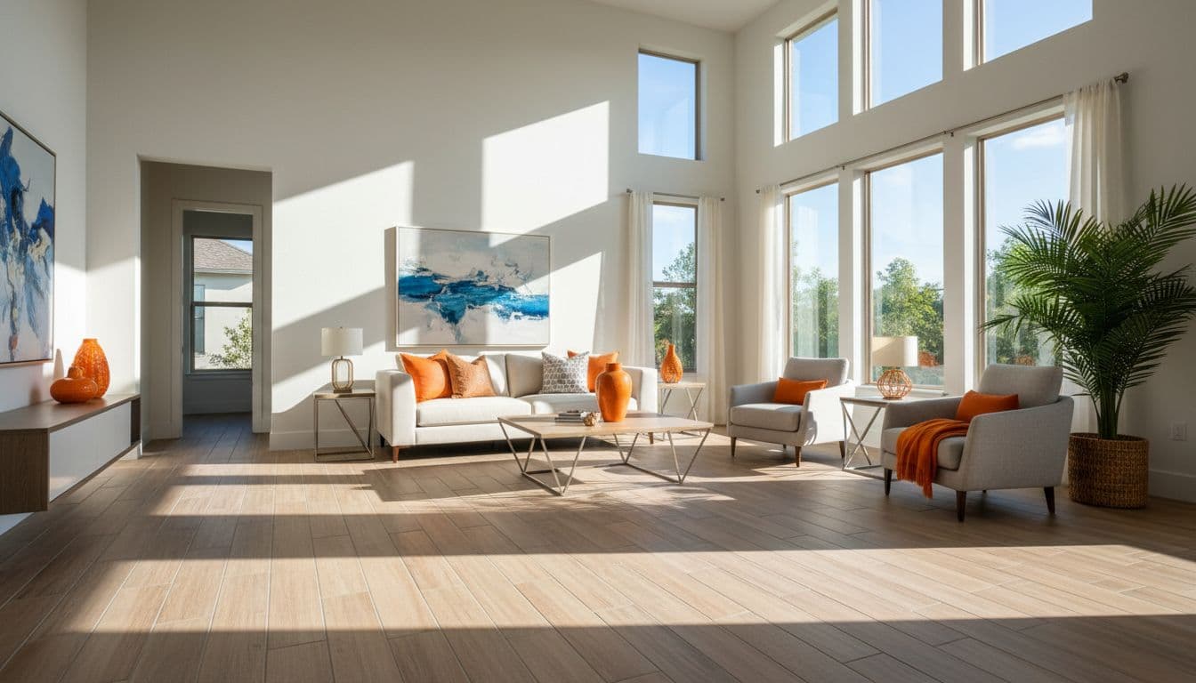Wood look tile vs vinyl plank comparison in a Florida living room with porcelain plank flooring