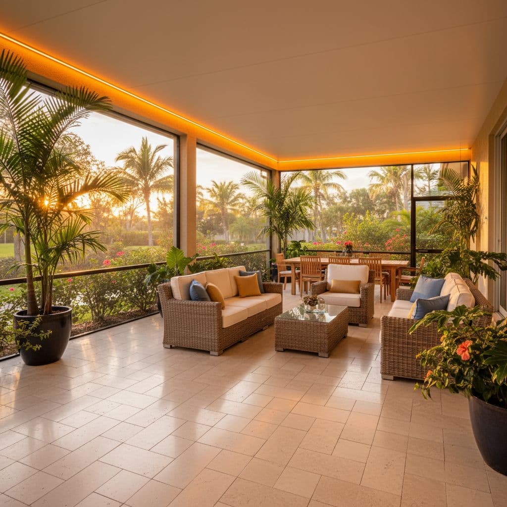 Large-format porcelain tiles cover the floor of a bright screened-in porch. The space includes comfortable neutral seating surrounded by lush indoor plants, all illuminated by warm amber afternoon sunlight streams.