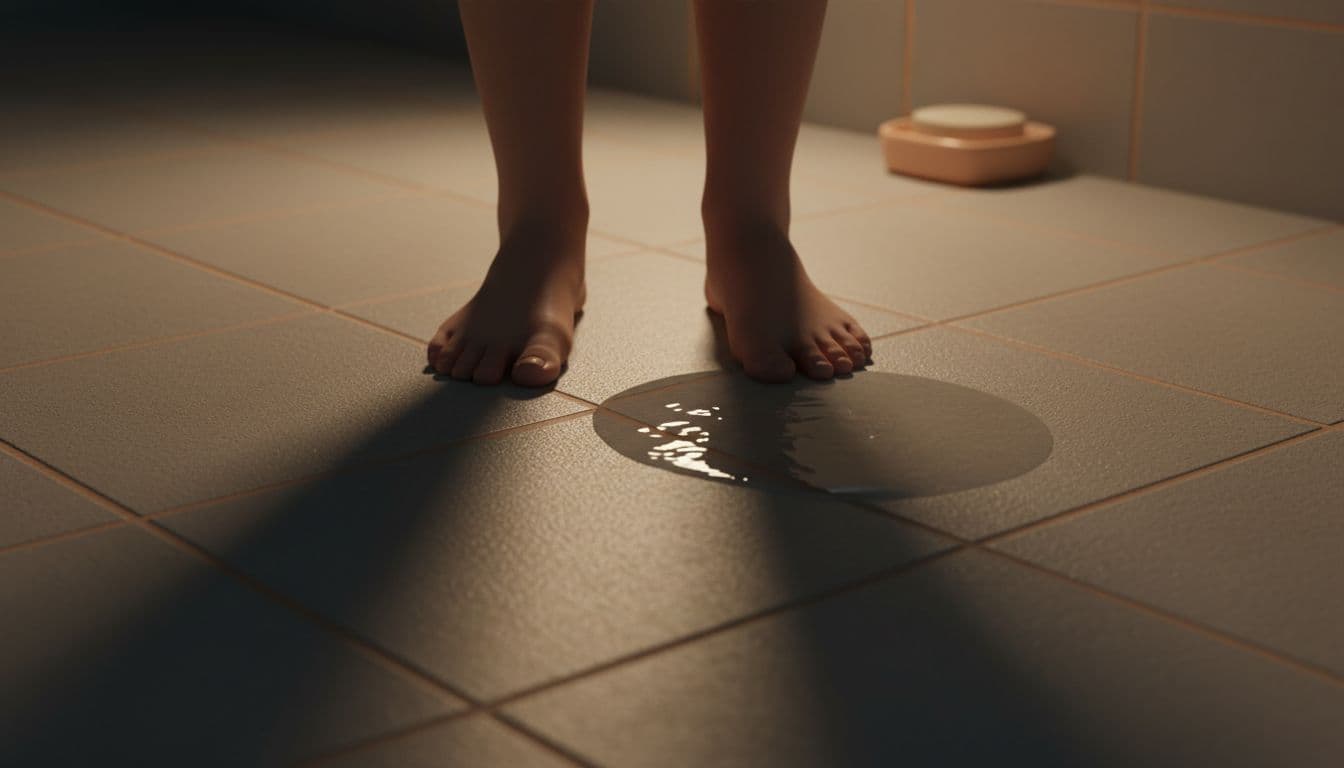 Bathroom floor tile Florida safety example, textured matte tiles beside a small puddle.