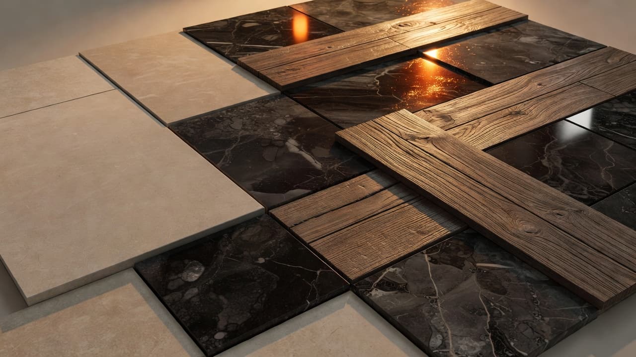A close-up collection of interior design samples featuring matte stone, polished ceramic, and wood-look plank tiles. Warm amber light casts dramatic shadows across the textured surfaces to highlight their distinct grains.