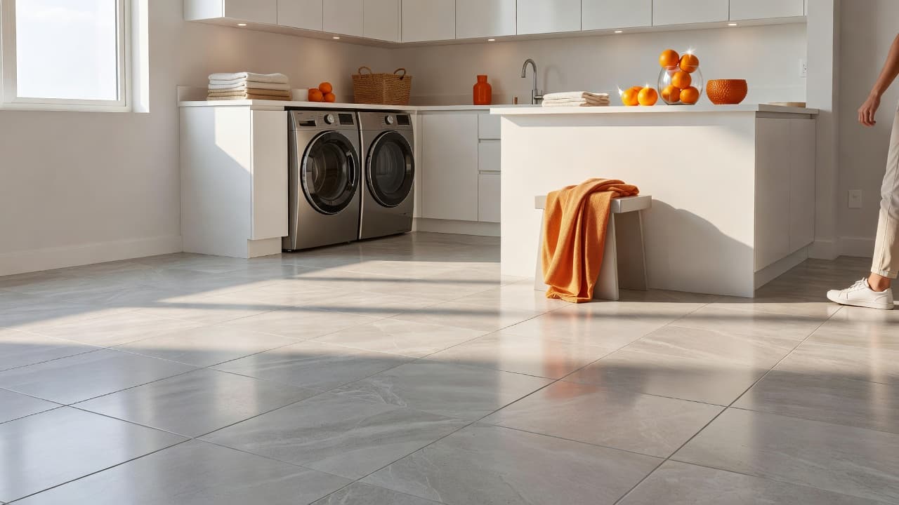 Laundry room tile in a bright Florida laundry room with gray porcelain plank flooring and white cabinetry