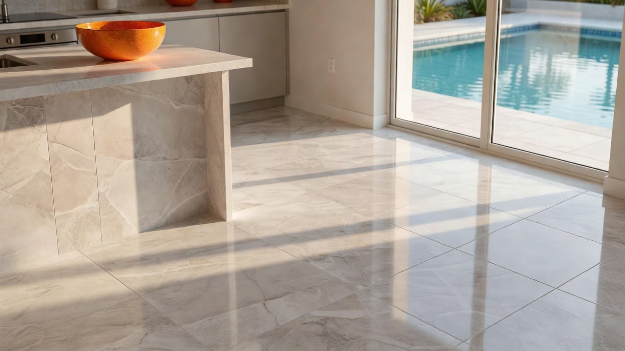 Large-format marble porcelain tiles cover the kitchen floor, catching soft Florida sunlight. A bright orange ceramic bowl rests on the counter near a window showcasing a sparkling outdoor pool area.