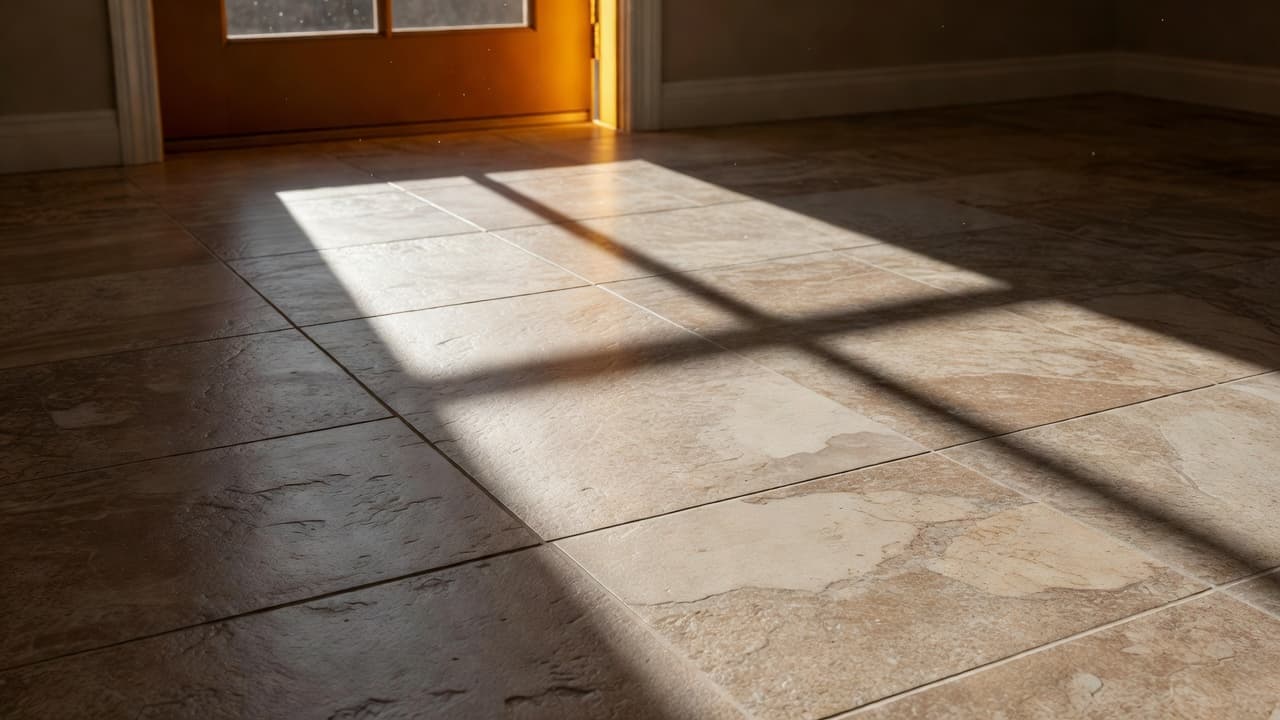 Detailed view of textured porcelain floor tiles installed in a sunlit Florida home entryway. Warm natural light creates deep shadows and highlights amber-toned architectural details near the closed front door.