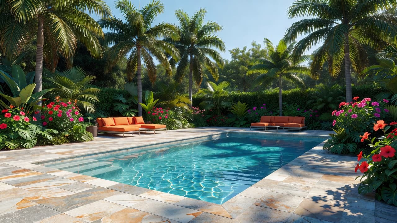 Natural stone pavers surround a crystal clear swimming pool while vibrant orange cushions on the patio furniture add a pop of color. Lush tropical plants frame the bright outdoor space.