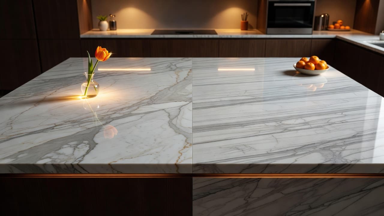 A luxury kitchen island features a split surface design with genuine white Calacatta Oro marble beside matching porcelain tile. Warm ambient lighting highlights the vibrant orange decor pieces placed on the countertop.
