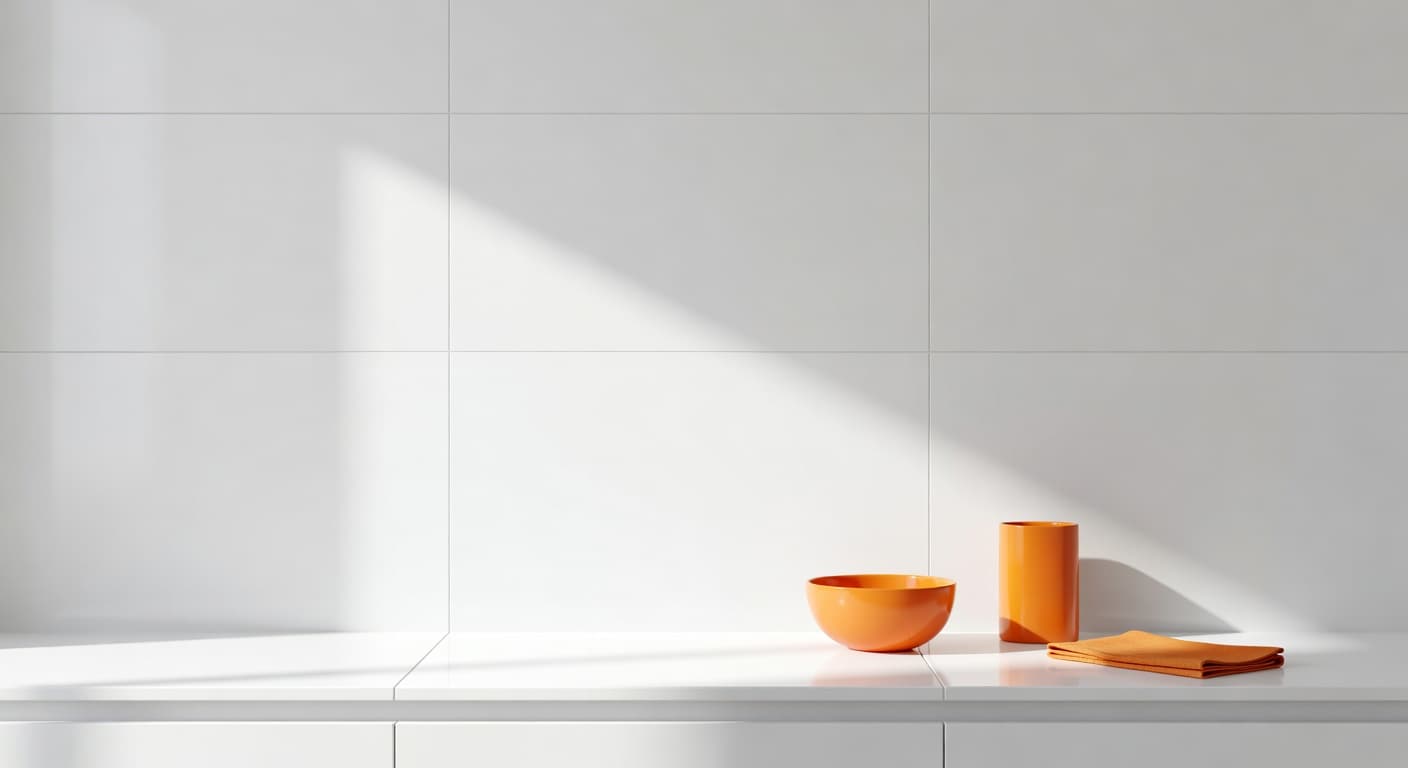Large-format white porcelain tiles create a seamless kitchen backsplash surface. A vibrant orange teapot and bowl sit on the counter, adding bright color contrast against the clean, light-reflecting tiled wall.