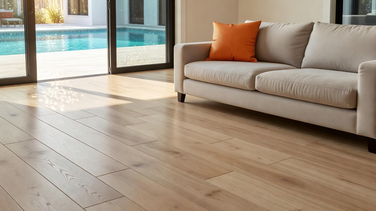 A spacious living room features light oak-colored porcelain planks that lead toward expansive glass doors. An orange accent pillow sits on a neutral sofa, emphasizing the bright, sun-drenched pool deck beyond.
