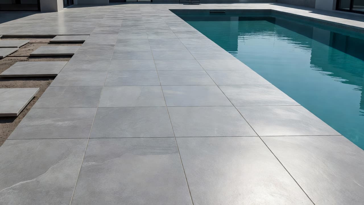 Large-format cool gray porcelain pavers create a seamless, smooth surface around a sleek swimming pool edge. Sharp, clean lines define the layout under bright, cinematic sunlight during the midday heat.