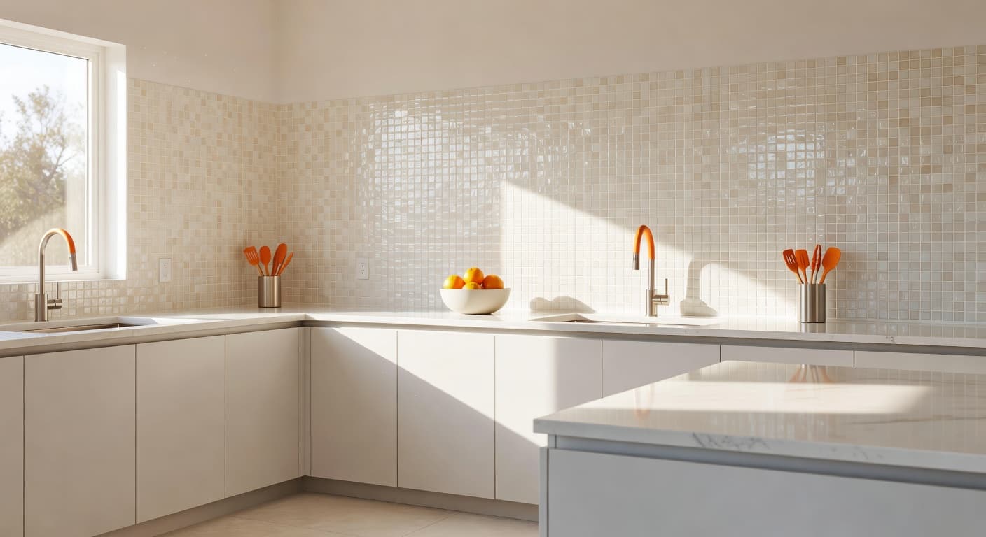 Bright white kitchen cabinetry frames a shimmering light-colored glass mosaic tile backsplash. Soft sunlight streams from a nearby window, casting warm reflections across the surfaces and highlighting vibrant orange kitchen accessories.