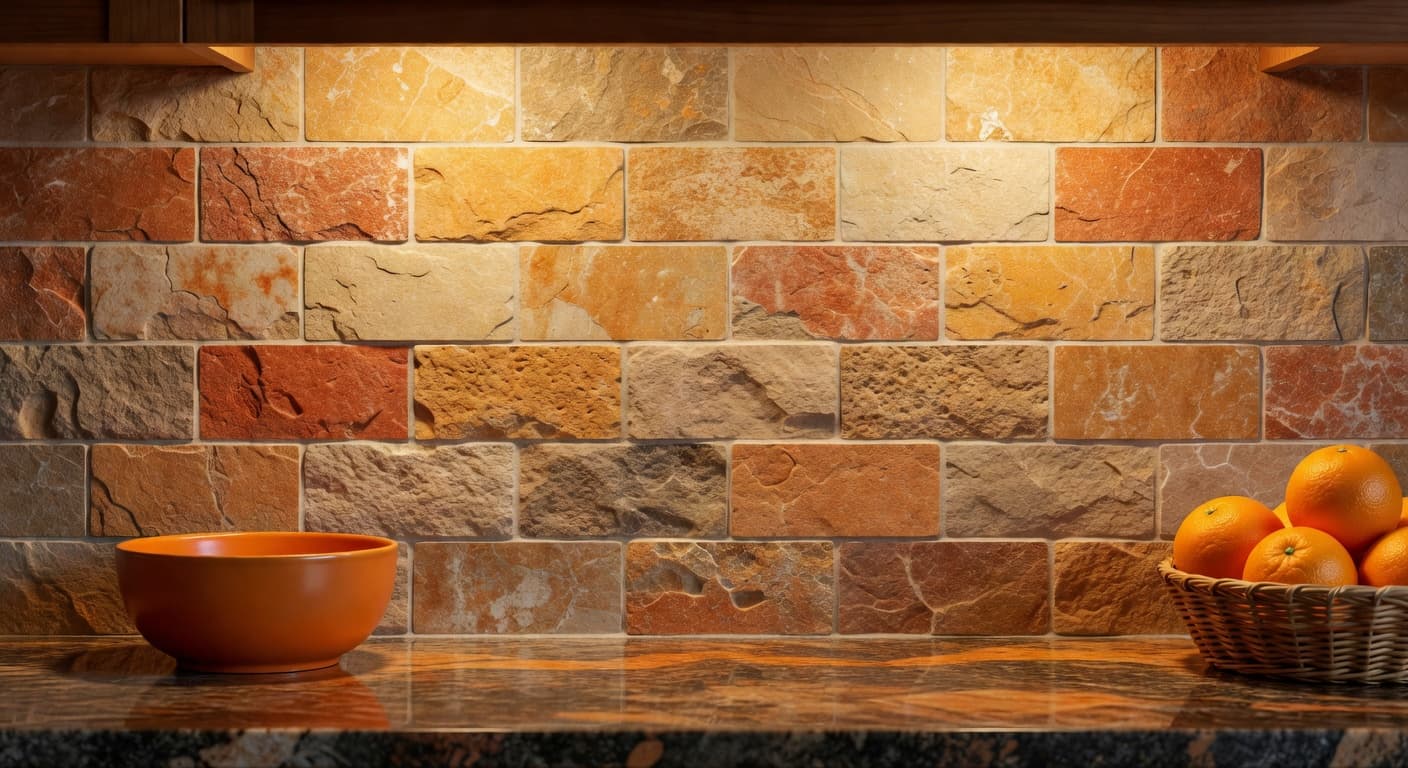 Close-up of earth-toned stone subway tiles arranged on a kitchen wall with visible organic textures. Fresh orange kitchen accessories provide a vibrant contrast against the warm, soft, cinematic lighting.