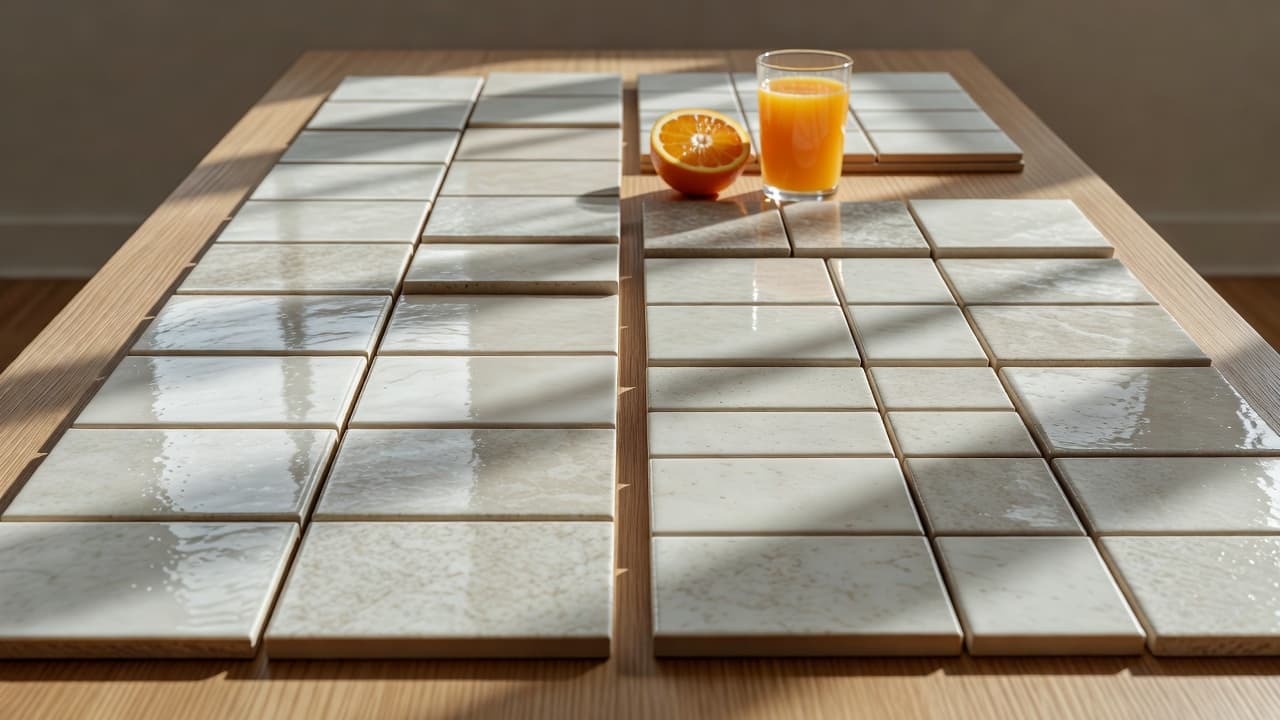 Porcelain vs ceramic tile samples on a wooden table, showing different textures and finishes for Florida flooring.