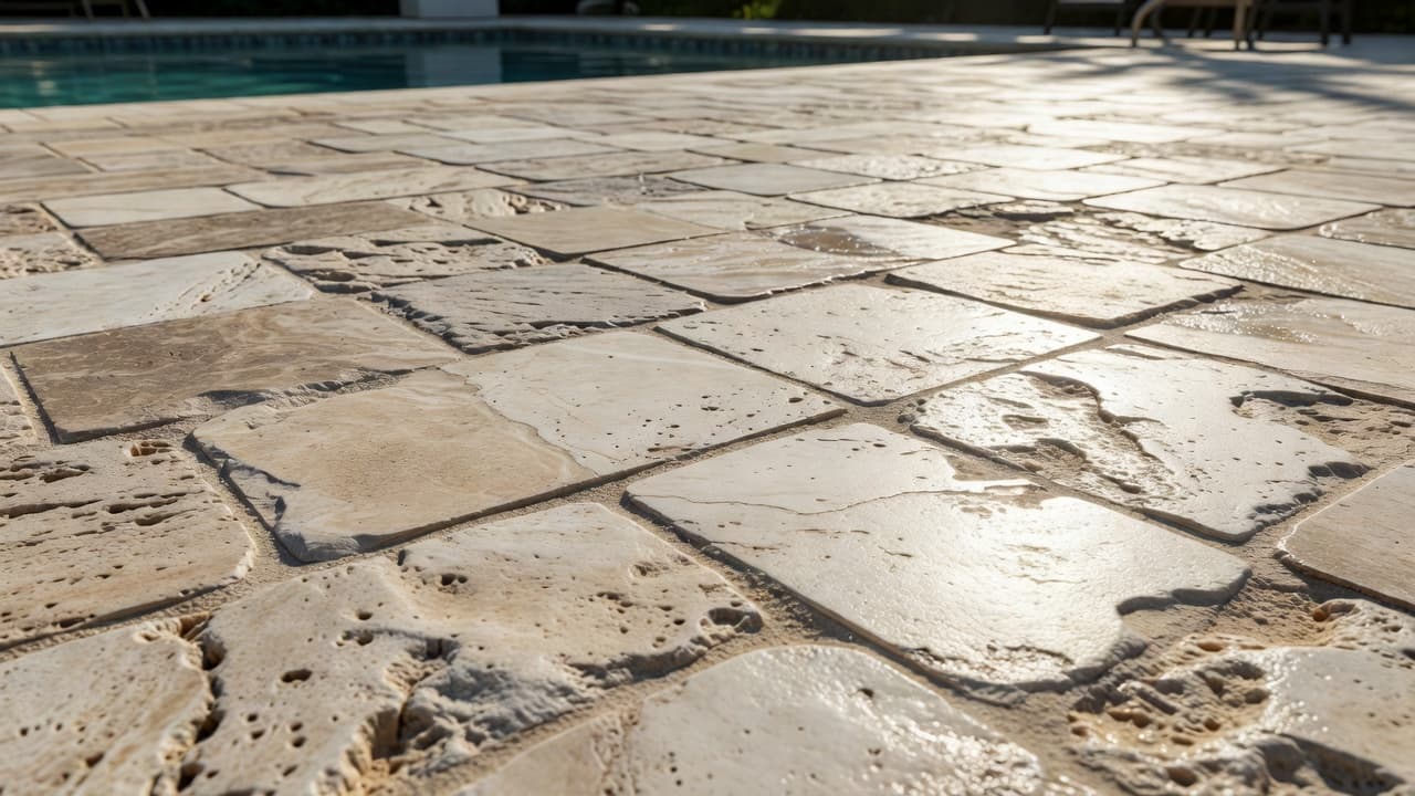 Sunlight highlights the porous surface and warm color variations of tumbled travertine stones lining a pool deck. Cream, tan, and beige hues create a natural, textured aesthetic with deep, distinct shadows.
