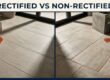 Split-screen home floor showing rectified tiles with narrow grout on the left and non-rectified tiles on the right.