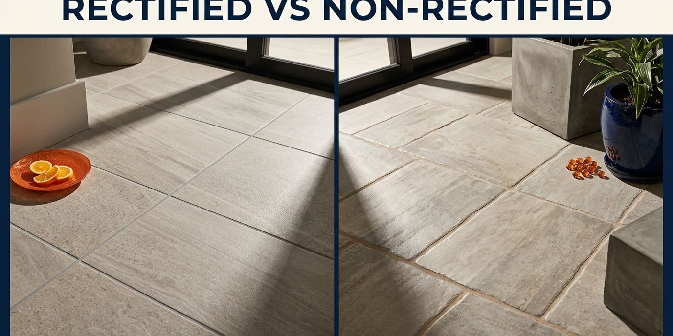 Split-screen home floor showing rectified tiles with narrow grout on the left and non-rectified tiles on the right.