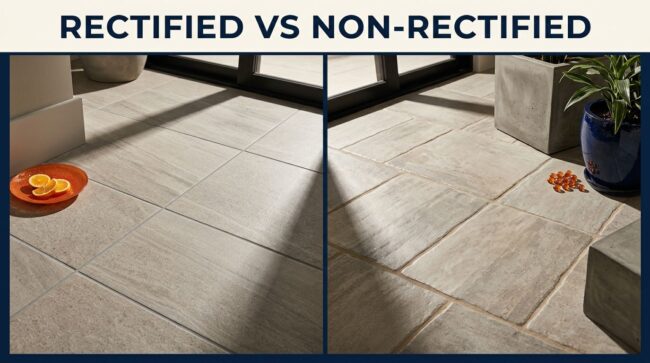 Split-screen home floor showing rectified tiles with narrow grout on the left and non-rectified tiles on the right.