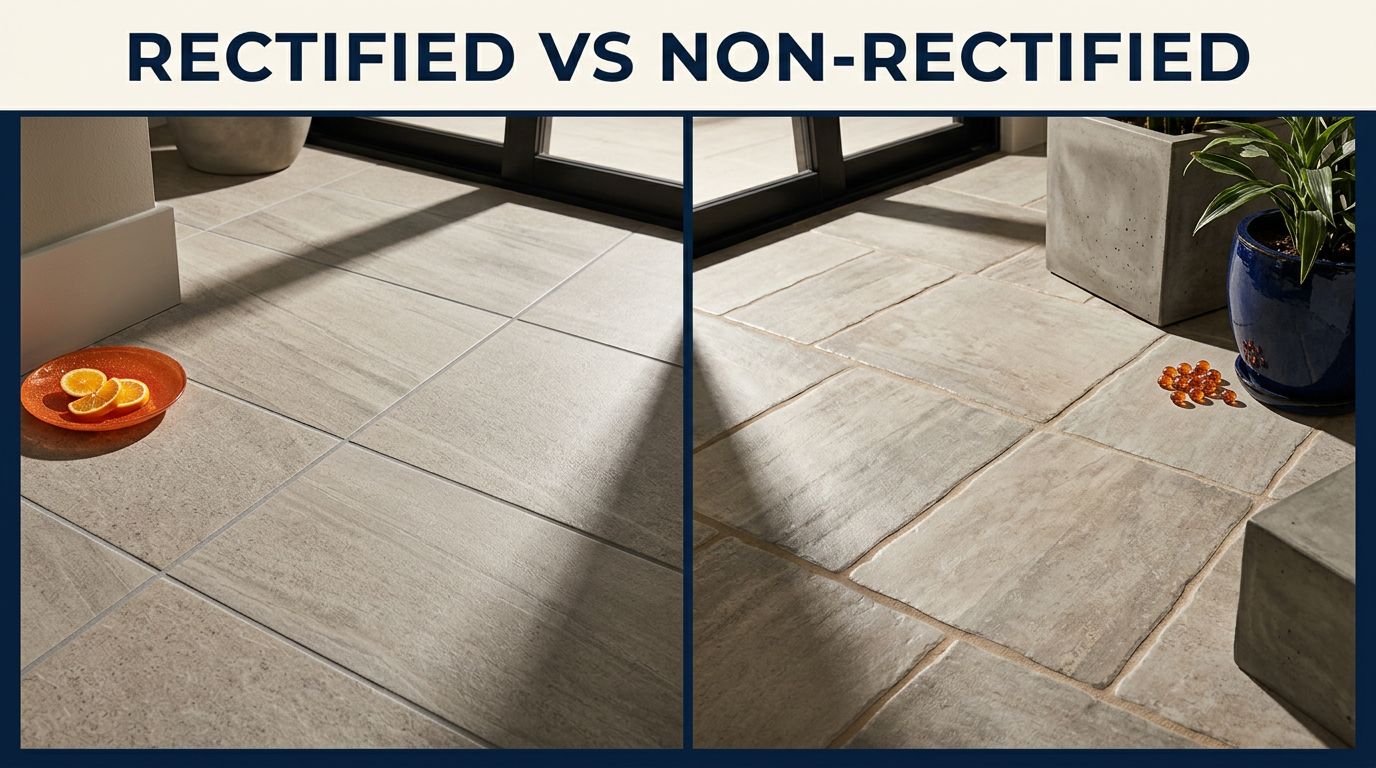 Split-screen home floor showing rectified tiles with narrow grout on the left and non-rectified tiles on the right.