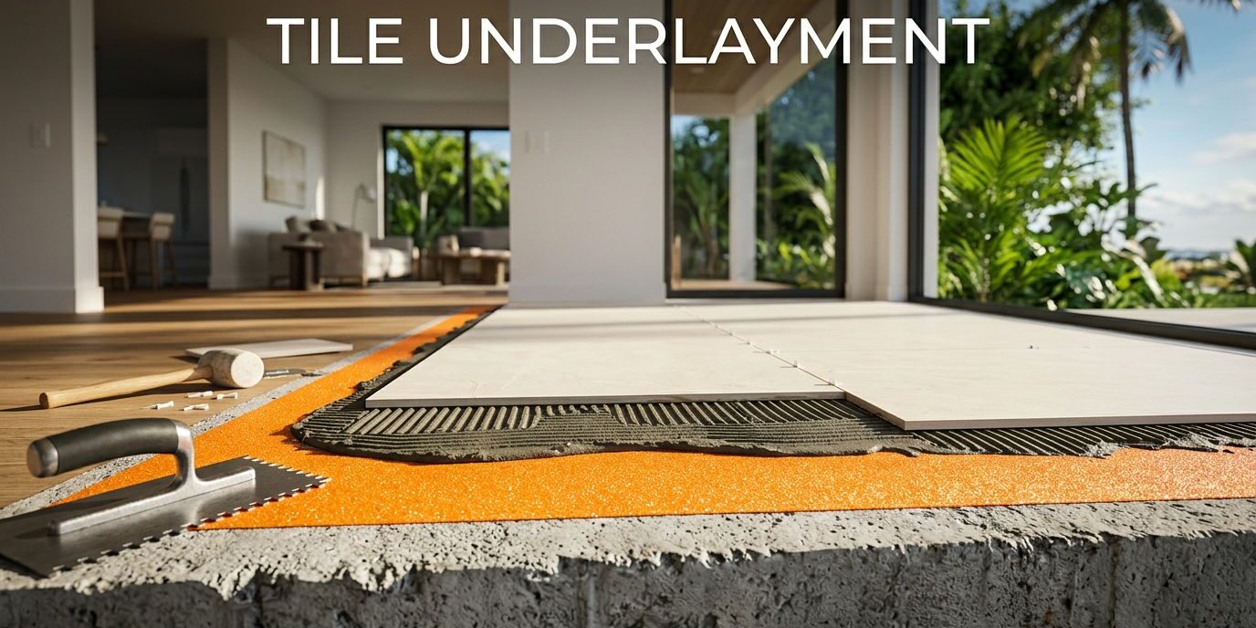 Concrete slab layered with waterproof underlayment, mortar, and partially installed porcelain tiles.