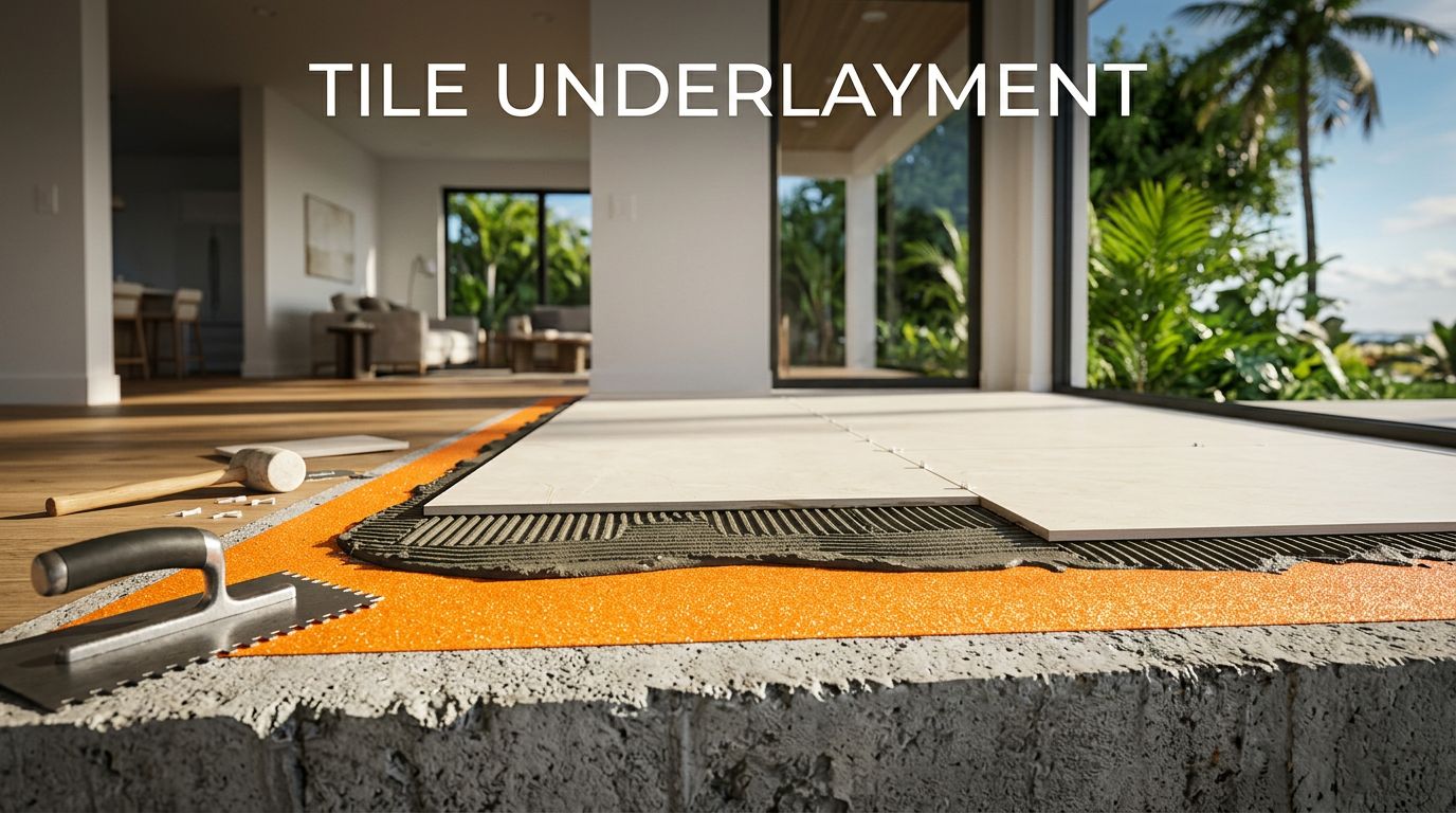 Concrete slab layered with waterproof underlayment, mortar, and partially installed porcelain tiles.