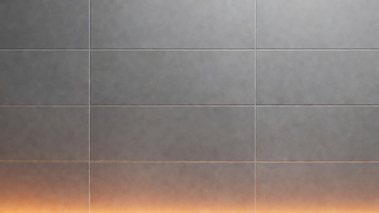 Close-up view of geometric ceramic wall tiles featuring crisp grout lines. Warm ambient light reflects off the smooth surfaces, creating soft orange highlights and deep shadows within the grout grooves.