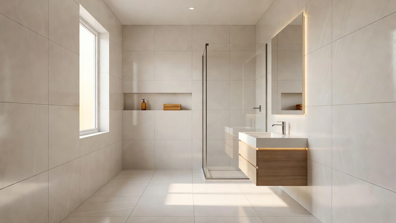 Tile size small bathrooms shown in a bright modern bathroom with large light-colored tiles and subtle amber accessories.