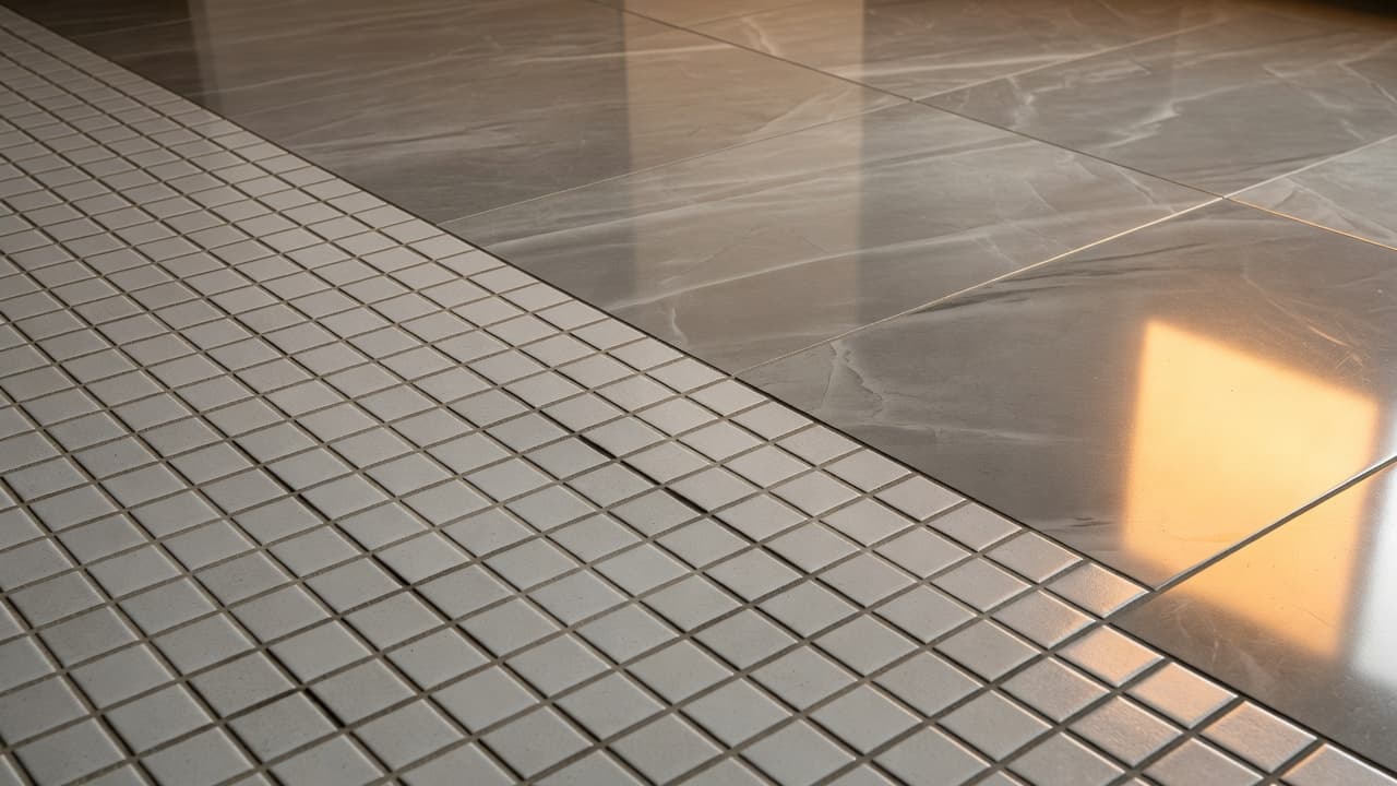 Small square tiles with wide grout lines abut sleek, oversized stone slabs. The sharp transition line is highlighted by warm amber lighting, emphasizing the distinct texture and layout of each surface.