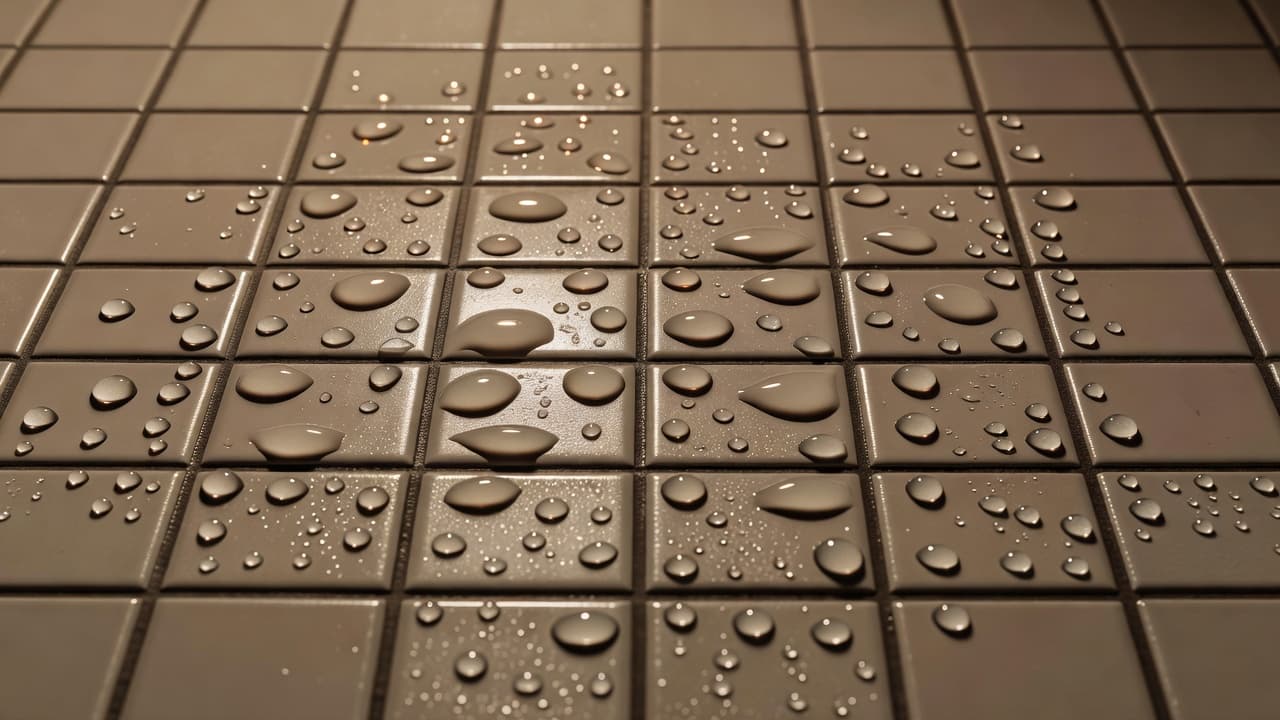 Crystal clear water droplets rest perfectly on a ceramic bathroom tile surface featuring dark, sealed grout lines. The warm orange ambient light reflects off the beads, emphasizing the floor's moisture resistance.