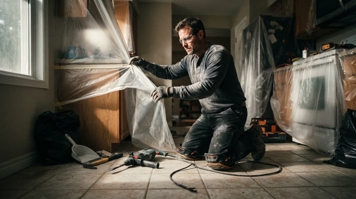 Contractor in safety gear kneeling on a tiled floor before demolition.