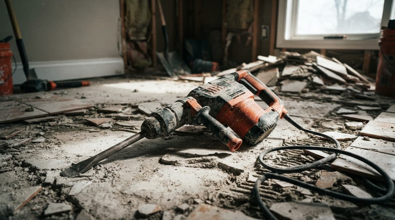 Heavy-duty breaker resting on an exposed slab after demolition.