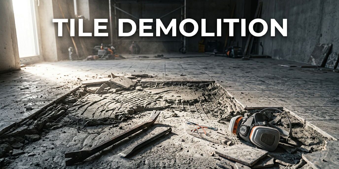 Lifted tile reveals mortar, wire reinforcement, and concrete beside demolition tools.
