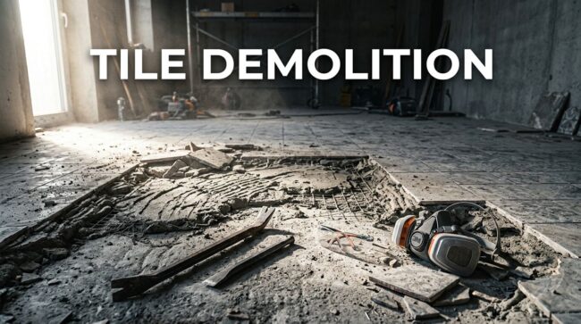 Lifted tile reveals mortar, wire reinforcement, and concrete beside demolition tools.